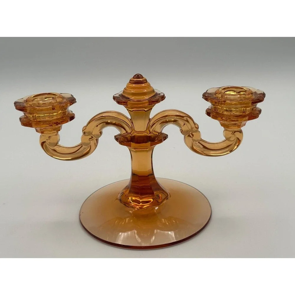 Vintage Amber Glass Double Candelabra MCM Pressed Two Arm Candle Holder